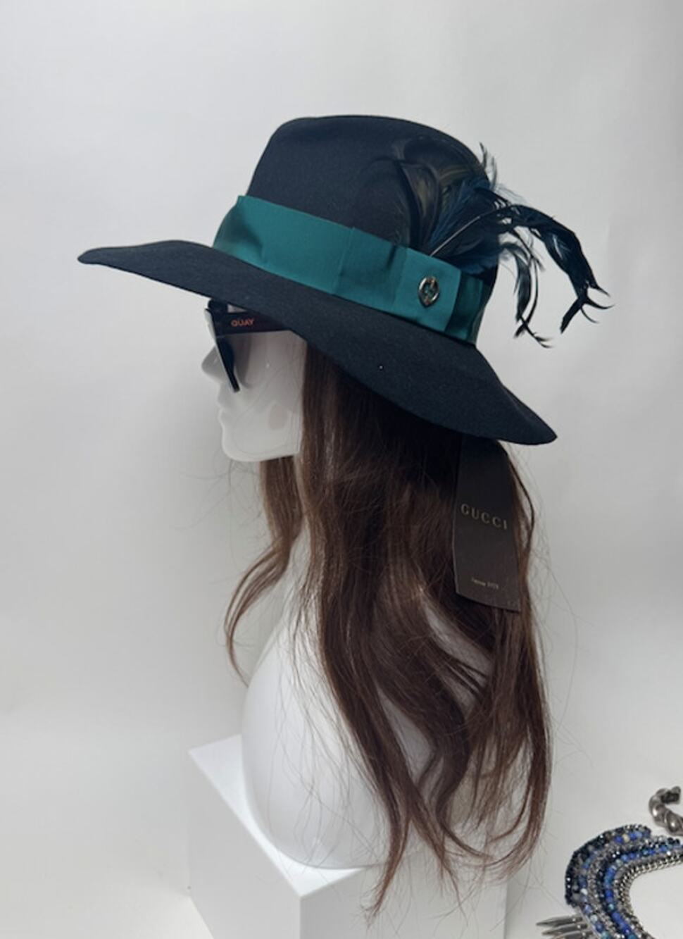Gucci NWT Rabbit Felt Wide Brim Fedora Hat Feather Teal Grosgrain GG Italy S